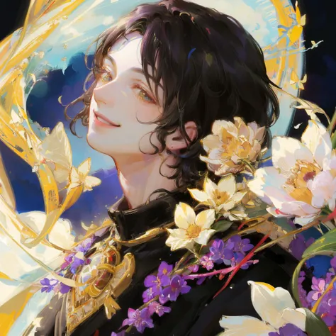 (muste piece), (highest quality), very detailed, (1 boy:1.4), concentrated，perfect face, beautiful face, very detailed顔，flower，butterfly々，flowerびら，Light，(smile:1.3)，(black haired boy:1.4)