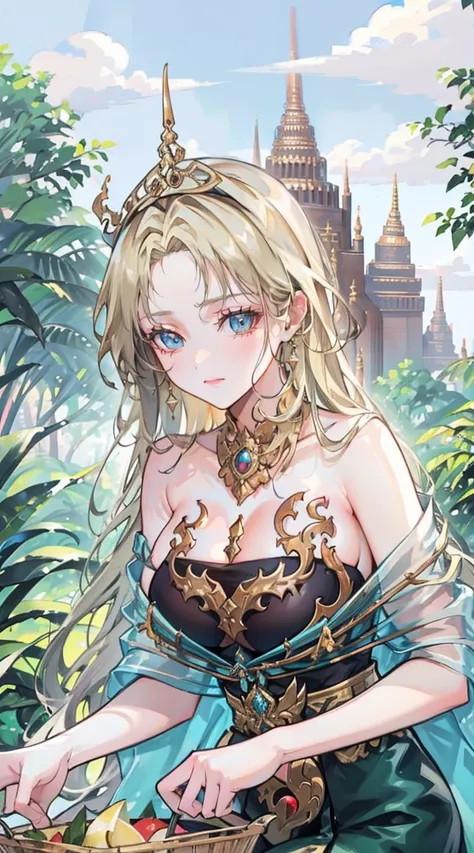 beautiful woman，Folk Girl，blonde with blue eyes，Twist，Wear a strapless Thai dress with no straps.，countryside，countryside，beautiful scenery，European Middle Ages，smile with teeth，forehead，forehead exposed，big tits，rift, (3 young adult women ,beautiful woman...