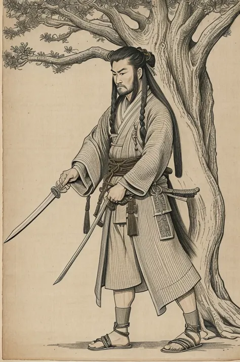 A line drawing of a samurai with long hair tied in a banyan root hairstyle, drawing a sword, wearing long sleeved clothing, turning to the side, wearing sandals.