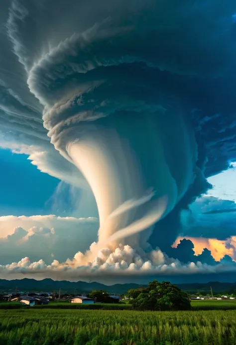 a huge tornado appears in the blue sky、overwhelm the surrounding clouds。this natural phenomenon is、with its power and beauty,々su...