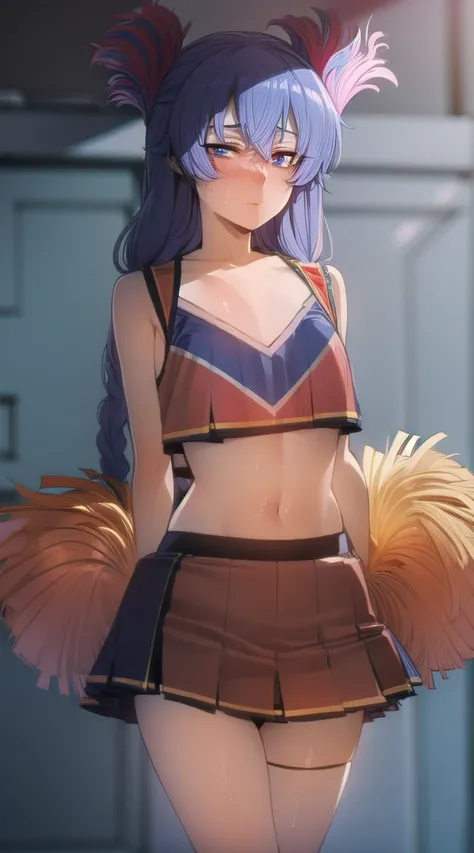 1girl,
BREAK ((twin braids, long hair, blue hair, blue eyes:1))
BREAK ((flat chest,cheerleader,flustered,blushing,red:1.5))
BREAK indoors,
BREAK looking at viewer, 
BREAK (masterpiece:1.2), best quality, high resolution, unity 8k wallpaper, (illustration:0...