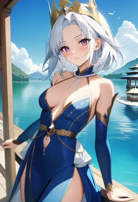 1girl, dragon princess, faint smile, dignified, medium breasts, blue dress, long sleeves, medium hair, white hair, winged crown, bead necklace, beads, smooth parted bangs, lake palace, pristine water, pristine sky, masterpiece quality, ultra HD, 4K, best q...