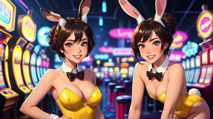 masterpiece, best quality, 1girl, solo, looking at viewer, breasts, playful, smiling, mature female, collarbone, janeporter, short hair, hair bun, playboy bunny, detached collar, fake animal ears, rabbit ears, rabbit tail, cyberpunk, neon lights, indoors, ...