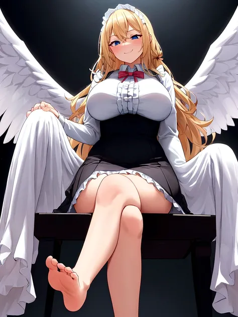 crossed legs,sitting,{full body},looking down from below,{foot focus},dynamic angle, dynamic cut,naughty smile,macrophilia,{white wings},{angel},{very muscle},{very curvy},{gigantic breasts},very tall woman,very big woman,gigantic woman,{long legs},{two si...