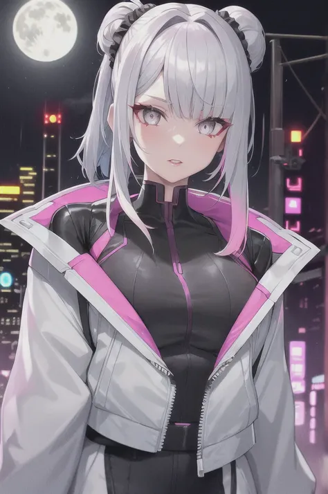 lucy (cyberpunk), 1girl,  hair scrunchie, hime cut, silver hair, colored tips, full moon, grey eyes, jacket, long sleeves, looking at viewer, medium hair, multicolored hair, parted bangs, parted lips, pink hair, portrait, red eyeliner, red lips, solo, whit...