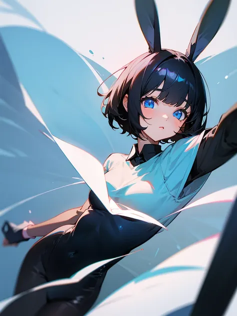 black haired girl,blue eyes,short hair with bangs,Bunny girl