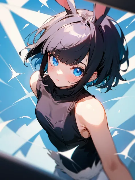 black haired girl,blue eyes,short hair with bangs,Bunny girl