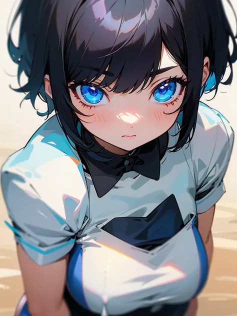 black haired girl,blue eyes,short hair with bangs,Bunny girl