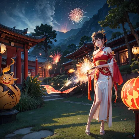 Cartoon characters in traditional Chinese costumes holding fireworks, Concept art inspired by Ju Lien, CG society hot topic, Conceptual Art, Appears as the Goddess of Fire, as the Goddess of the Sun, Genshin Impact Mid-Range, Goddess of the Sun, Anime Godd...