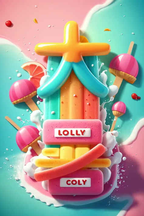 ice lolly text design, cartoony, summer beach background, Special features, Octane rendering and blender, hyper quality, clear features, Ultra HD and 8K resolution,Fresh hand drawn illustration