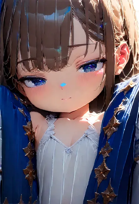 ((Masterpiece)), (((best quality))), hips wide open, ((blue colour eyes)), (((long brown hair))), (((shot White dress))), ((little girl)), (cute), ((a face that looks sleepy)),  ((blue silk robe)), (((only one girl)))