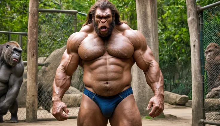 (RAW photo of a Neanderthals:1) , (hyper realistic:1.4), (Neanderthal man:1.4),bodybuilder transformation,(half gorilla mix :0.5),(big bulge:1.5), tall, bulky,hulk body, chubby belly, (very muscular:2), (hairy body:1.5),(detail face:1.1), tan skin, thick a...