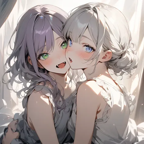 (Cute two girls:1.5),
(masterpiece:1.3), anime visual, (tilt head:1.3), extremely delicate face, realistic lighting and shading, (an extremely delicate and beautiful art:1.3),  (muted colors:1.1),BREAK,(one girl with pale-purple wavy blunt hair and dark gr...