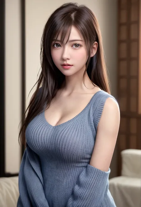 8K, of the highest quality, masutepiece:1.2), (Realistic, Photorealsitic:1.37), of the highest quality, masutepiece, Beautiful young woman, Pensive expression,、A charming、and an inviting look, Oversized knitwear、cleavage of the breast, Hair tied back, Cine...