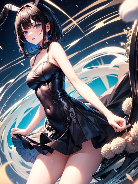 black haired girl,blue eyes,short hair with bangs,Put on a Bunny Girl outfit.