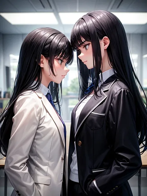 An 18-year-old girl and a 15-year-old girl，Black Hair，White blazer，(They put their faces close together and glare at each other)，Are arguing，School，Standing firmly facing each other，whole body，Side angle