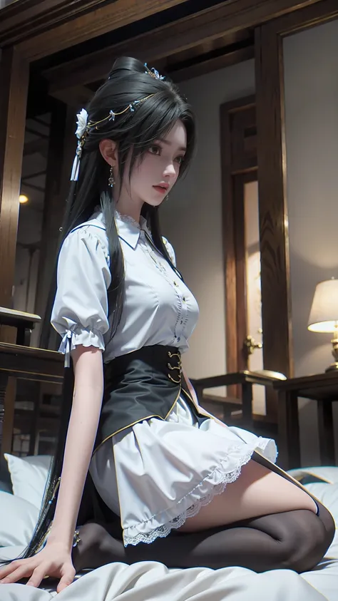 best quality，masterpiece，The Ultimate Solution，Fluffy，Extremely colorful，Mature beautiful woman，（Dress school uniform），Lace skirt，（Beautiful woman beheaded），Normal posture，（Kneeling），Kneeling on the bed，shackles，Beheading，collar，Black stockings ，barefoot，N...