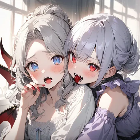 (Cute two girls:1.5),
(masterpiece:1.3), anime visual, (tilt head:1.3), extremely delicate face, realistic lighting and shading, (an extremely delicate and beautiful art:1.3),  (muted colors:1.1),BREAK,(one girl with pale-purple wavy blunt hair and red eye...