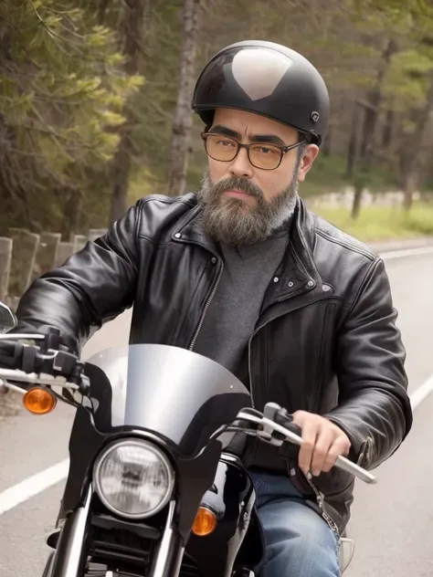 beard, Glasses, in beautiful nature、Image of a man riding a classic motorcycle。His clothes and motorcycle are all retro in design.、Creates a vintage atmosphere。