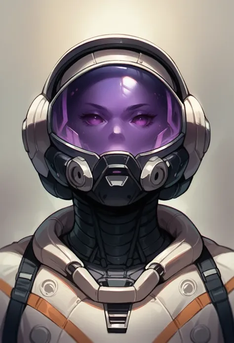 a erie  black space suit with a solid black visor, make it look metallic, add purple smoke in the background