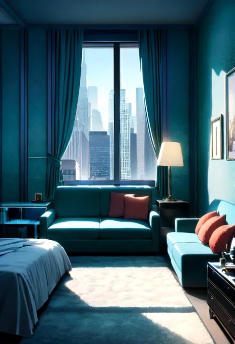 On the sofa in a room with a window　 Beautiful interior　Sense of luxury　tiffany blue wallpaper　Bedside lamp　A teenager&#39;s room in New York　Skyscrapers from the window