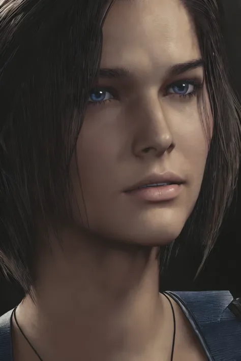 masterpiece, jill valentine, re3 remake, blue eyes:0.3, brown hair, oval face, long bob hair, dirt stains, portrait,