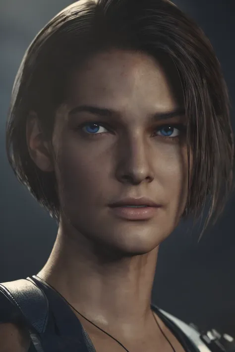 masterpiece, jill valentine, re3 remake, blue eyes:0.3, brown hair, oval face, long bob hair, dirt stains, portrait,