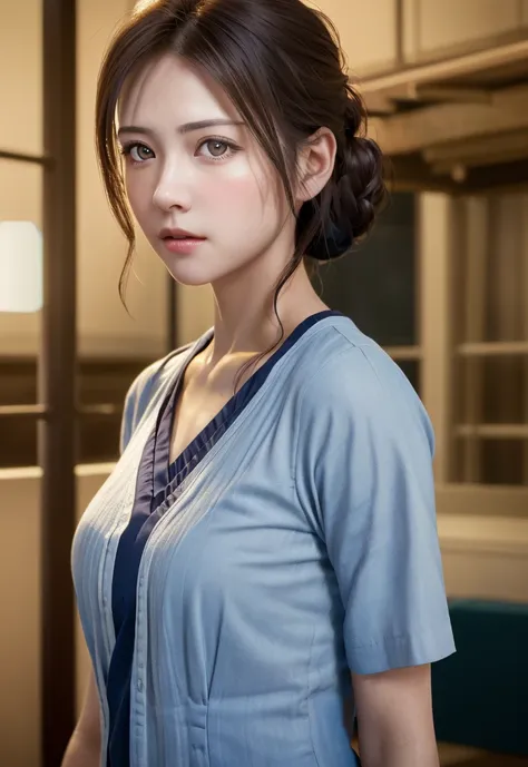 8K, of the highest quality, masutepiece:1.2), (Realistic, Photorealsitic:1.37), of the highest quality, masutepiece, Beautiful young woman, Pensive expression, Thoughtful look, Female doctor, Nurse、Hair tied back, Cinematic background, Light skin tone