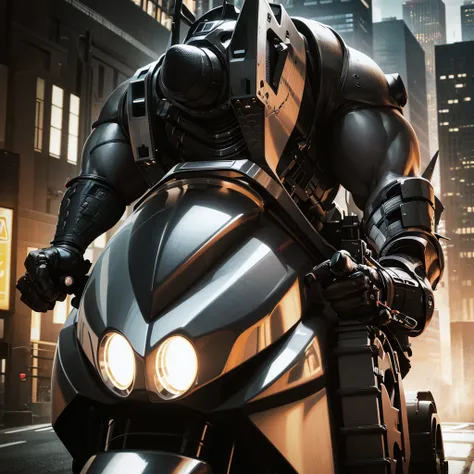 a massive, muscular gray rhino humanoid in a high-tech gray rhino suit, riding a huge, terrifying motorcycle with black chrome, ...