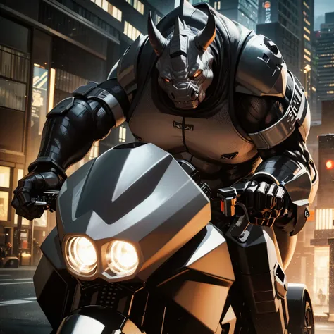 a massive, muscular gray rhino humanoid in a high-tech gray rhino suit, riding a huge, terrifying motorcycle with black chrome, ...