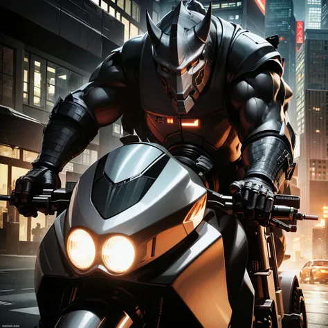 a massive, muscular gray rhino humanoid in a high-tech gray rhino suit, riding a huge, terrifying motorcycle with black chrome, ...