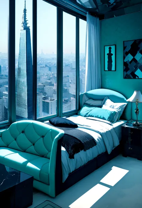 On the sofa in a room with a window　 Beautiful interior　Sense of luxury　tiffany blue wallpaper　Bedside lamp　A teenager&#39;s room in Paris　Skyscrapers from the window