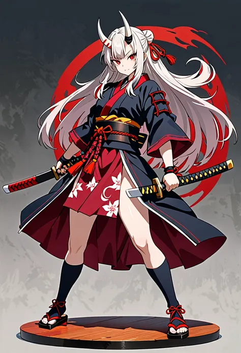 8K Ultra High-Quality, ultra-detailed, High quality, Nakiri Ayame, white oni horn, full body, samurai pose