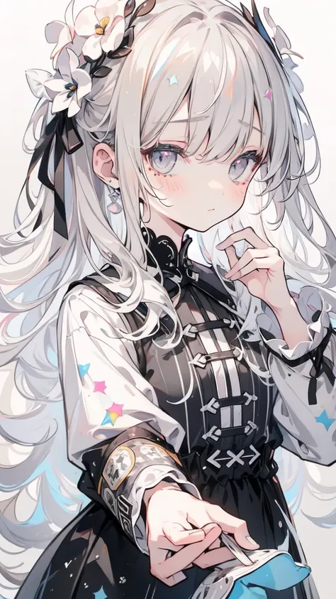 sweets dream, A colorful world, cute, pastel, like,  Highest quality, masterpiece，【Highest quality, Tabletop】 (Gray white background:1.7), Han Fei，Grey Hair，White flower hair ornament，White ribbon，Grey Eyes，Tear mole under the eye，Black and white clothes，W...