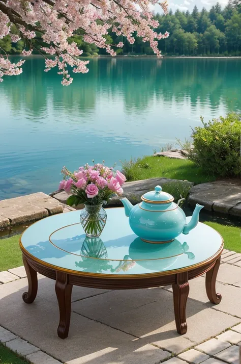 Stunning photography of Outside beside a lake cryestal clear blue water a beautiful table ceramic  teapot cup plate . cookies and a beautiful vase full with beautiful flowers on the table .a branch full of cherry flowers beside the tajle full size