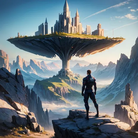 Make the most beautiful image of a futuristic landscape, theres a guy standing, the guy is a bodybuilder, he is in the future, in front of a beautiful landscape, hes not as tall 