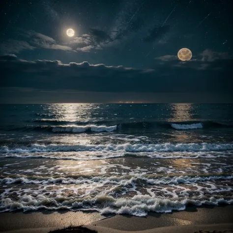 The scene of beach scene in the middle  with a quiet atmosphere on a full moon night under a starry sky, 