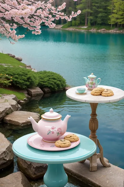 Stunning photography of Outside beside a lake cryestal clear blue water a beautiful table .ceramic teapot cup plate ,cookies and a beautiful vase with beautiful flowers .a pink cherry branch full with flower beside the table full size