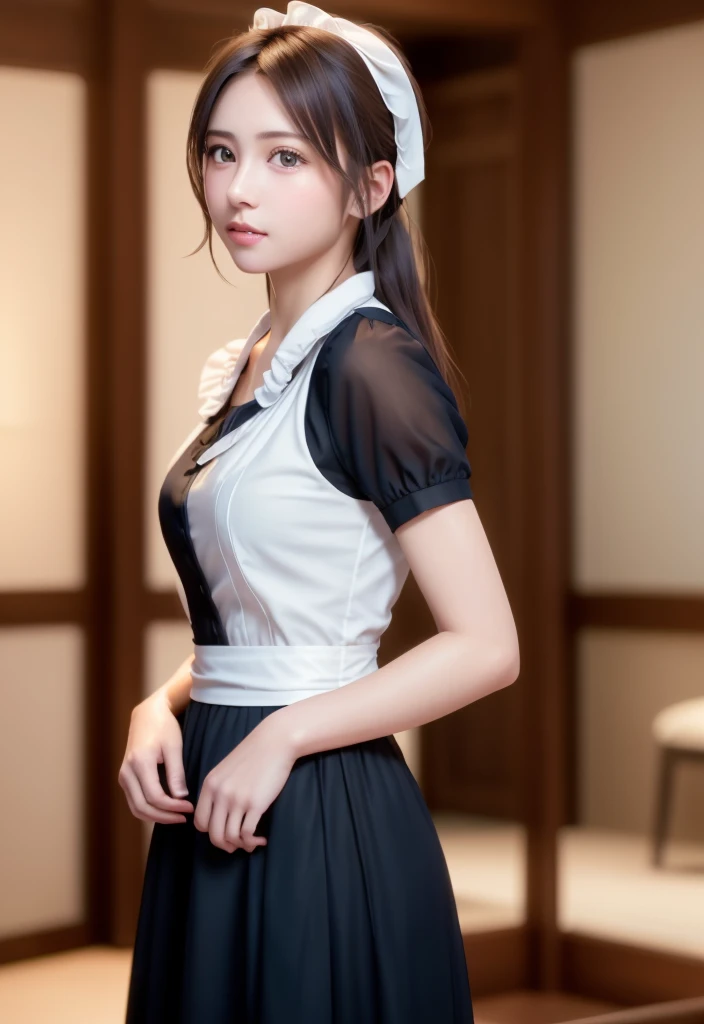 8K, of the highest quality, masutepiece:1.2), (Realistic, Photorealsitic:1.37), of the highest quality, masutepiece, Beautiful young woman, Pensive expression,、A charming、and an inviting look, Cute Maid Clothes, Hair tied back, Cinematic background, Light ...