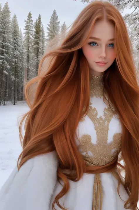 A gorgeous, pretty, shiny, kind-hearted, warm-hearted, sweet, polite, sensitive, friendly, charming, graceful, stylish, classy, alluring, majestic, ethereal, angelical ginger long haired russian woman dressed in traditional winter costumes.