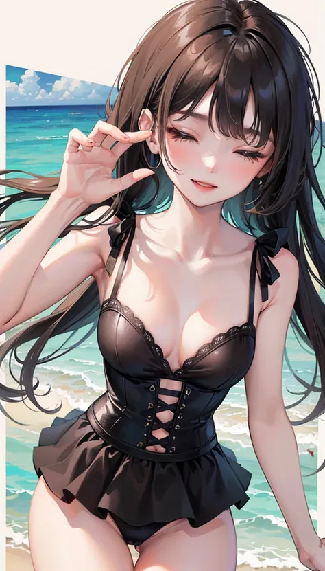 (standing enjoy style) (in a sexy black Bustier Swimwear), (dynamic pose) (15 yo, solo:2 blunt bangs:1.2, black hair long hair lovely girl, sexy closed eyes, love smile, cute pink lip), break, in the beautiful Sandy Beach, background beautiful ocean), BREA...