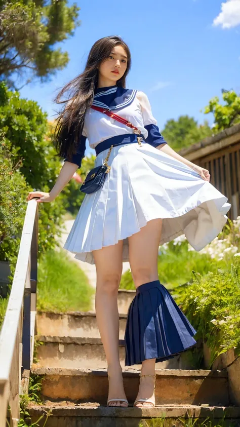 ((Viewing angle from below、Highest quality、masterpiece、32k、Every detail))、Descend the outdoor stairs、commute、Systemic manifestations、Traditional navy blue sailor uniform、White blouse、Pleated skirt、(((A strong wind blows my hair and skirt away:1.62)))、((I a...