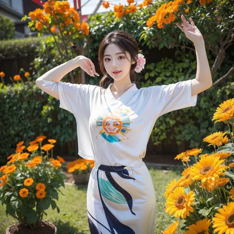 「Very God々Successfully、Draw a vivid, photographic image of Amaterasu Omikami。She is 3D and three-dimensional.、Having Asian features、She is a very beautiful woman who resembles Satomi Ishihara.。She smiles、It is wearing suns of various sizes.。」