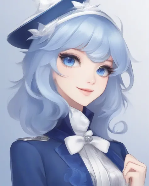 masterpiece,best quality,1girl, furina (genshin impact), genshin impact, cowlick, top hat, blue jacket, blue ascot, blue brooch, kodona, simple background, open mouth, blue headwear, streaked hair, upper teeth only, solo, long hair, light blue hair, white ...