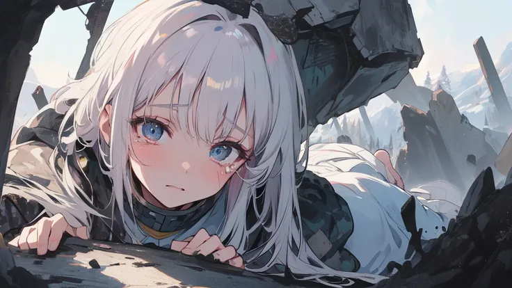 masterpiece:1.2), best quality , 独奏 ,pixiv, anime girl ，long straight white hair , black eyes ,Wearing off-white camouflage uniform ,ten years old，modern battlefield，(Eyes looking into the distance:1.3)，(look away:1.5)，snowy weather，dirty face，blood on for...