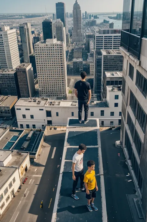 5 boys standing on top of building
