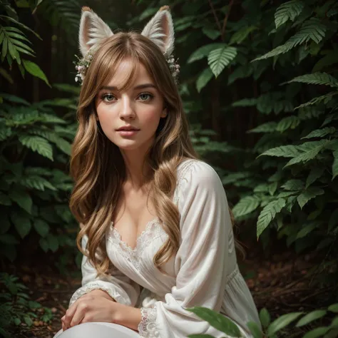 a charming girl in fluffy white pajamas with ears and foxtail, sitting in an enchanted forest, (best quality,4k,8k,highres,masterpiece:1.2),ultra-detailed,(realistic,photorealistic,photo-realistic:1.37),beautiful detailed eyes,beautiful detailed lips,extre...