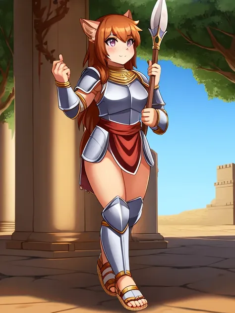 1girl, furry, furry_female, lizard_girl, solo, wearing full body, plate armor, , gladiator sandals, humanoid feet, holding a spear, nosebleed,bloody nose