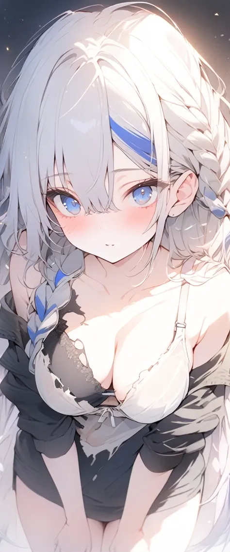 beautiful, masterpiece, Highest quality, anime, One girl, C Cup,Portrait Shot, View your viewers, Covered、Long Hair、nearby、Blue Eyes、art、、White hair,Blue streaked hair, dark atmosphere、Thighs、Braid、Torn_Rough shirt、under_bra