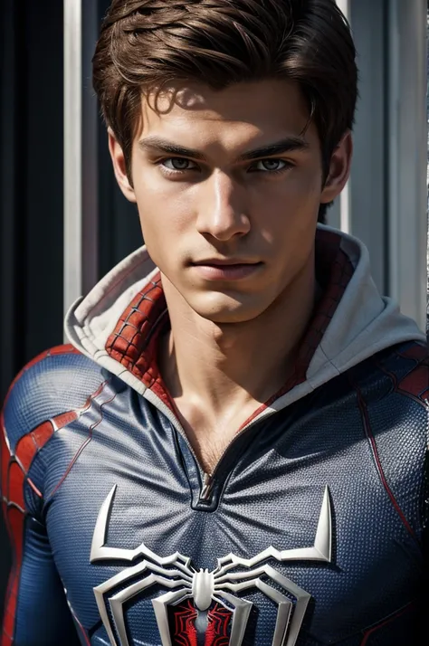 A photograph of spider man, no mask, 20 yo, handsome, detailed face, looking at camera, portrait, 8k uhd, high quality